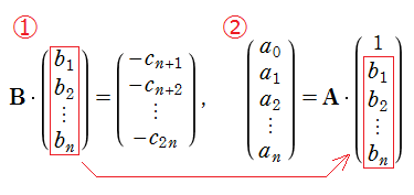 ｛b1, b2, …, bn｝等を求める線形代数方程式