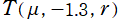 T(μ, －1.3, r)